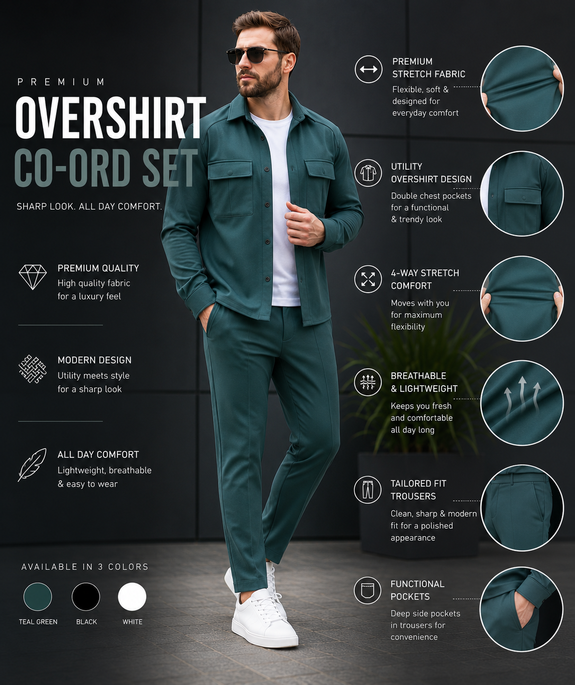 Teal green overshirt co-ord set premium details