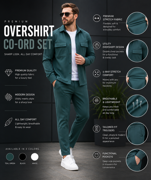 Teal green overshirt co-ord set premium details