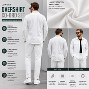 White overshirt co-ord set fabric and front back view
