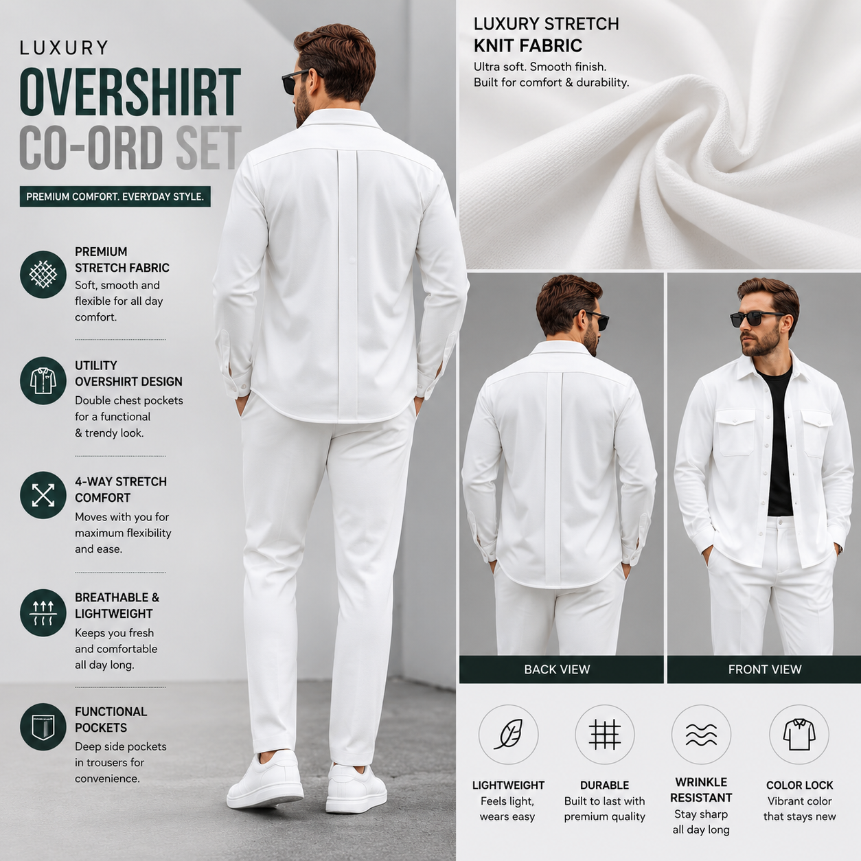 White overshirt co-ord set fabric and front back view