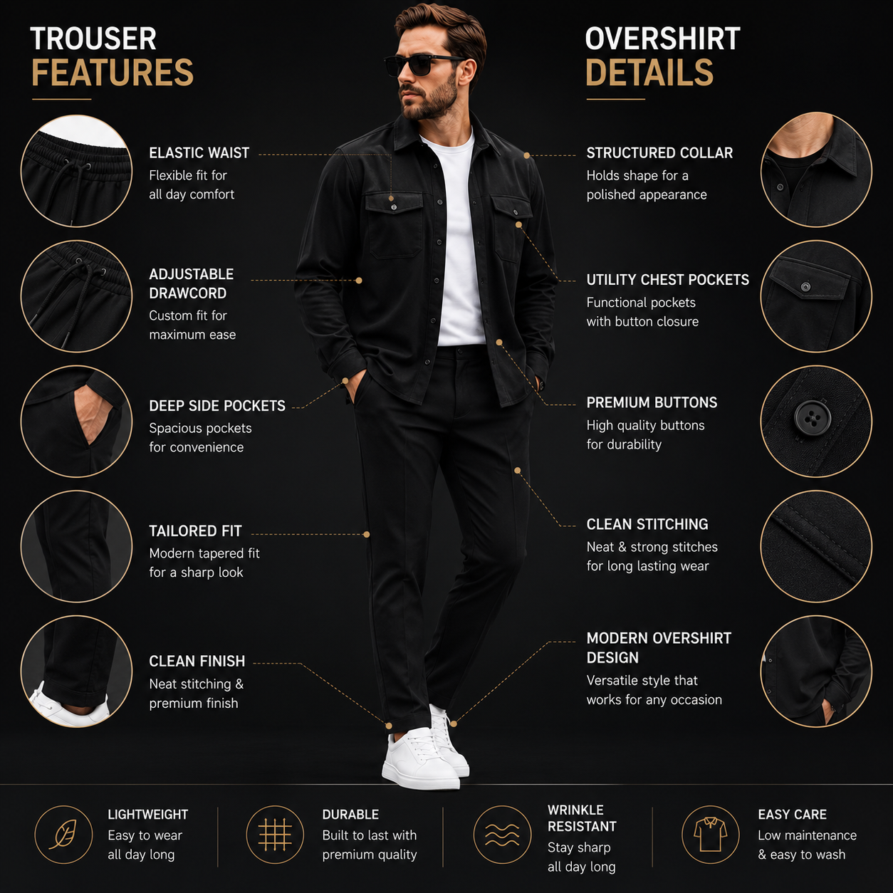 Black overshirt and trouser premium feature details