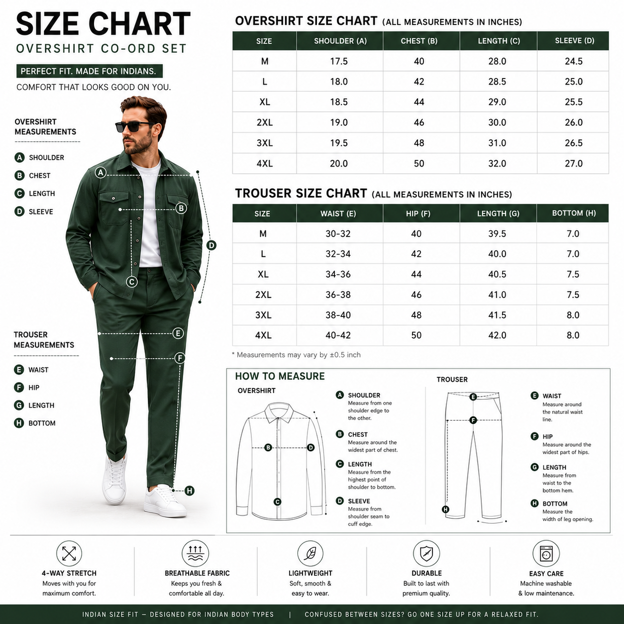 Overshirt co-ord set size chart for Indian fit