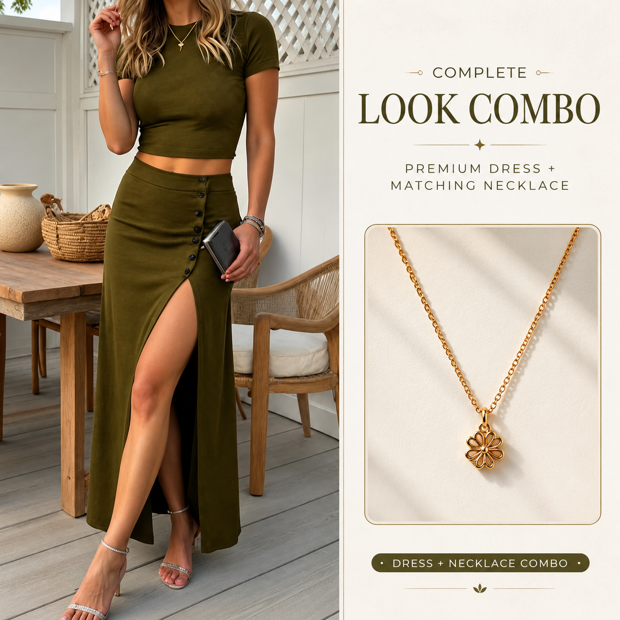 Women's Short Sleeve Top and Slit Midi Skirt Set