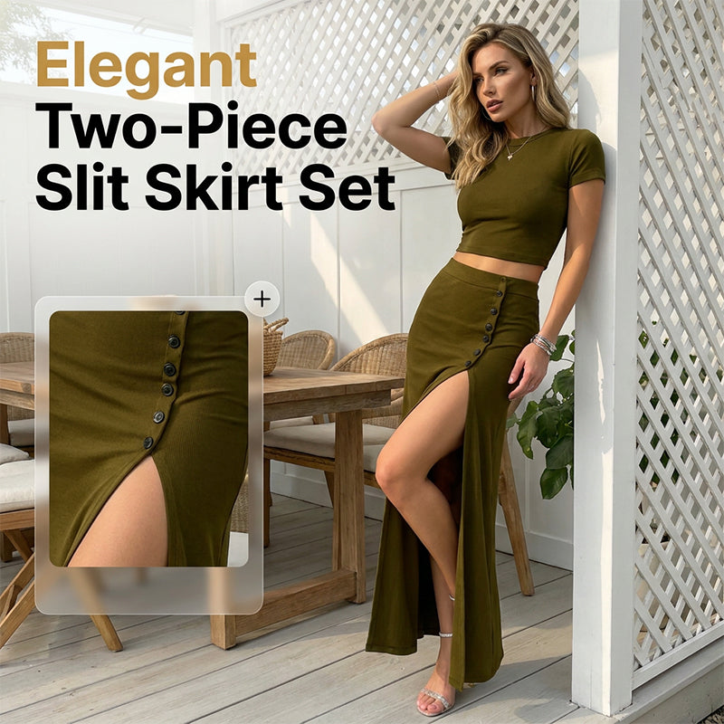 Women's Short Sleeve Top and Slit Midi Skirt Set
